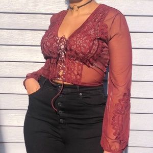Voila Sheer Crop Top with Lace Appliqués (NWT)